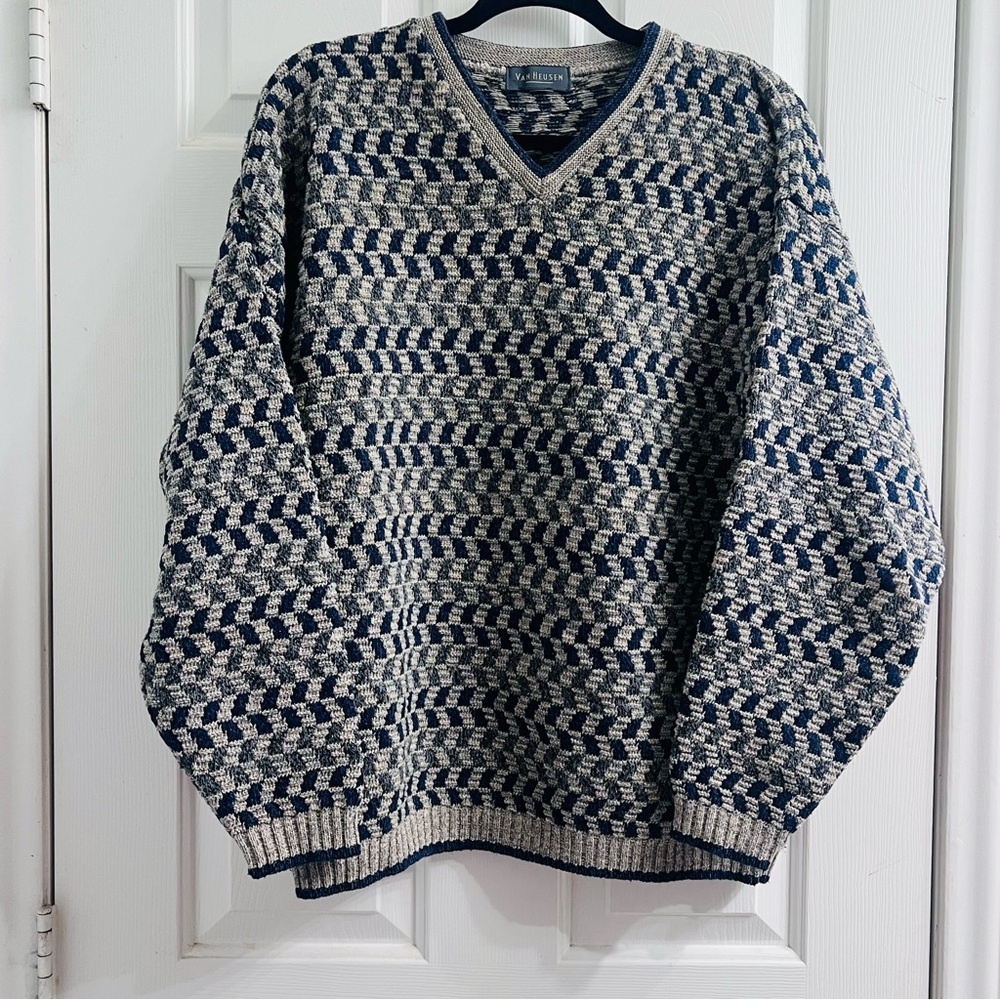 Vintage Van Heusen V‑neck Grandpa Sweater Geometric Retro Menswear